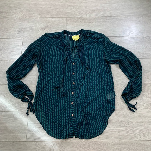 Anthropologie Maeve Della Sheer Navy Green Pattern Button Front Blouse - Picture 4 of 13